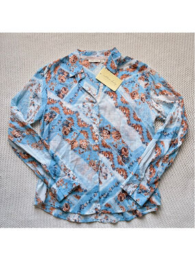 Blue Floral Cottagecore Patchwork button down blouse NWT - Cotton Daisy - Large